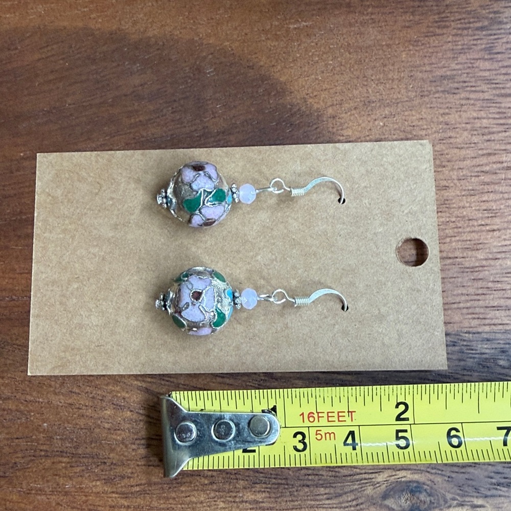 Vintage Cloisonné Floral Drop Earrings Pink Green Artisan Bead Dangle - Picture 3 of 4